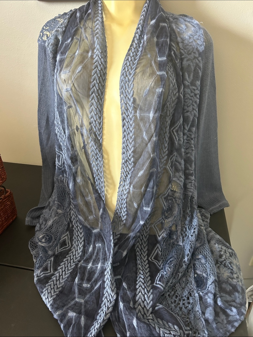 The Pyramid Collection Blue Lace-Detail Open Front Cardigan
